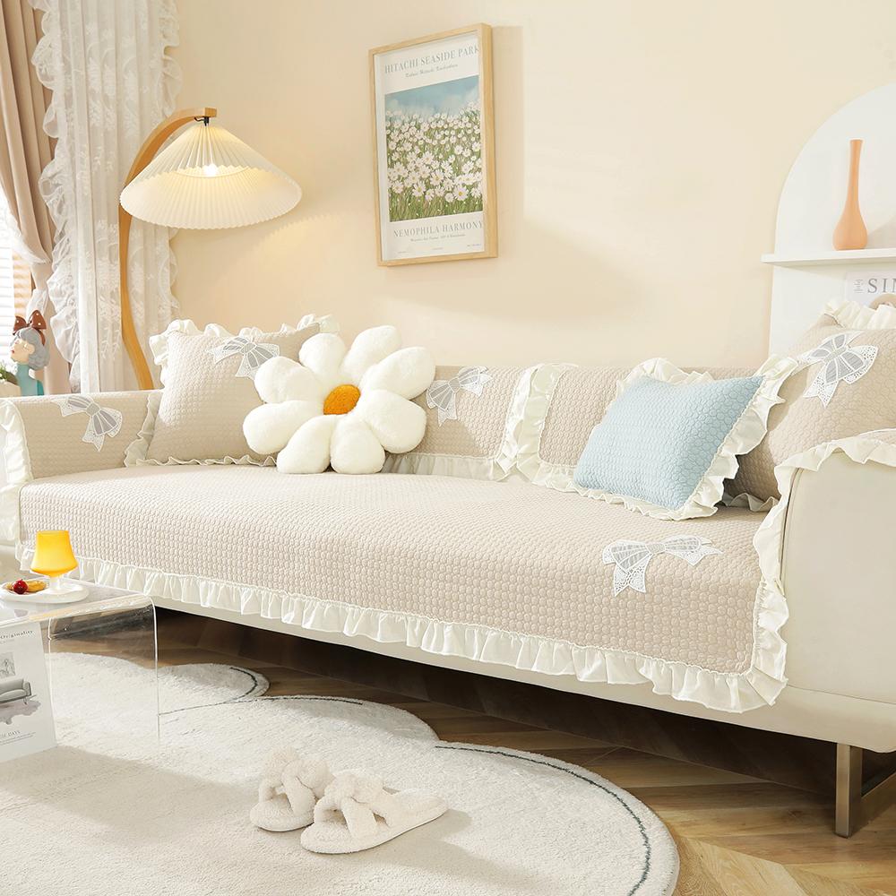 

Универсальный эластичный чехол для дивана на четыре сезона, полное покрытие, диванное полотенце с кружевным бантом, полное покрытие, мягкая и удобная диванная подушка из стираного хлопка 30*50 бежевый