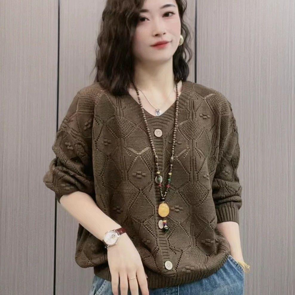 Autumn Casual Fashion Hollow Long-sleeved Pullover Sweater V-neck Loose Large Size Slim Solid Color Button Bottoming Top