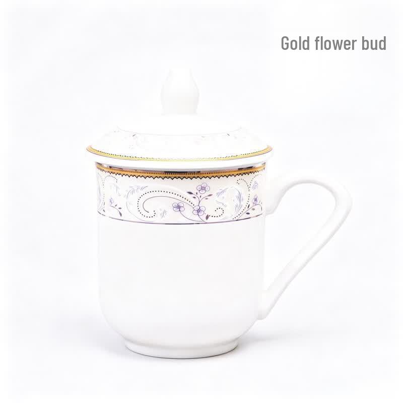 ETUB Gold Floral Bone China Mug with Lid