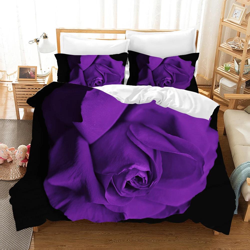 Purple Rose King Queen Duvet Cover Beautiful Butterflies Flowers Bedding Set For Teen Adults Floral 2/3Pcs Polyester Quilt Cover