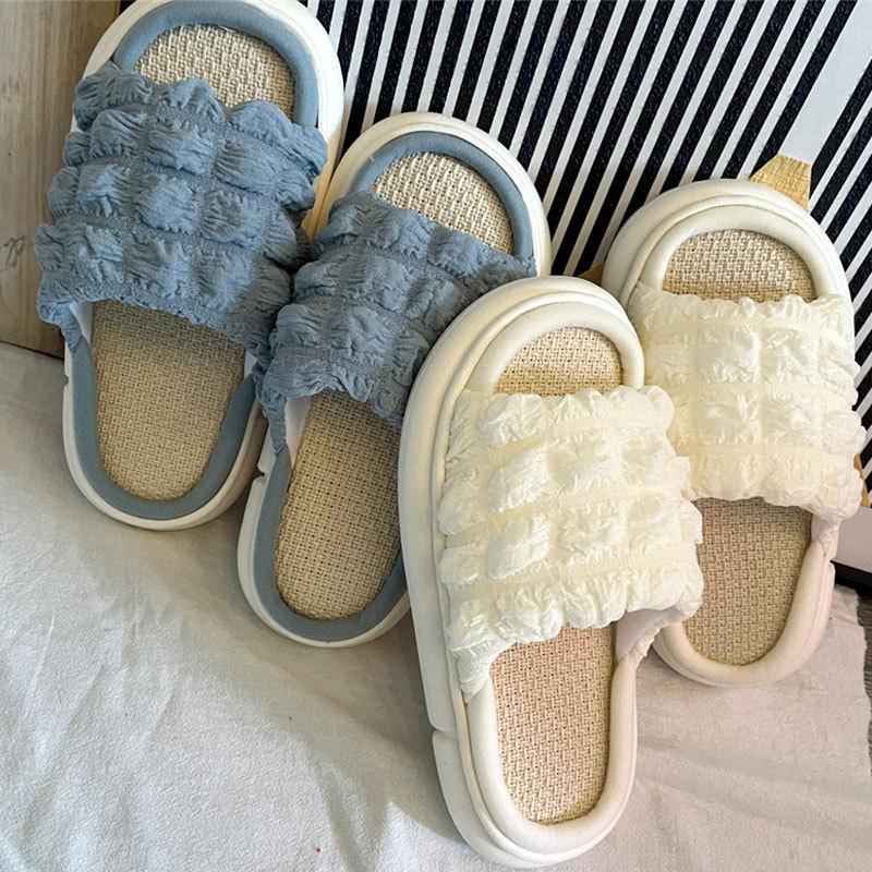 Puff linen slippers four seasons thick bottom home fabric sandals indoor couple cotton and linen slippers women