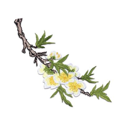 1 Stück Bügelbild Aufnäher Gestickt Rosa Gelb Pfirsichblüten Zweig Aufkleber für Kleidung Tasche DIY Dekorationszubehör Applikation