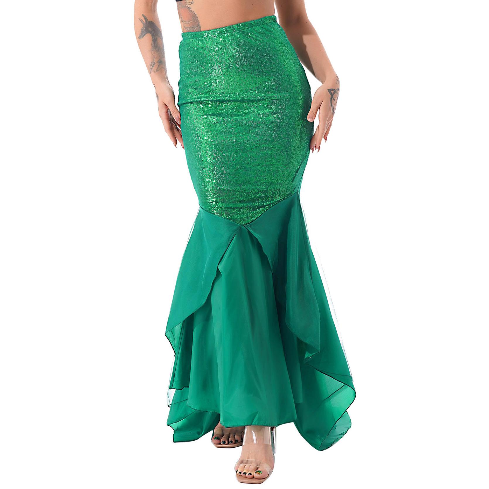 

Women s Sequins Mermaid Costume Halloween Party Cosplay Shiny Tail Maxi Skirts With Mesh Panel S зелёный
