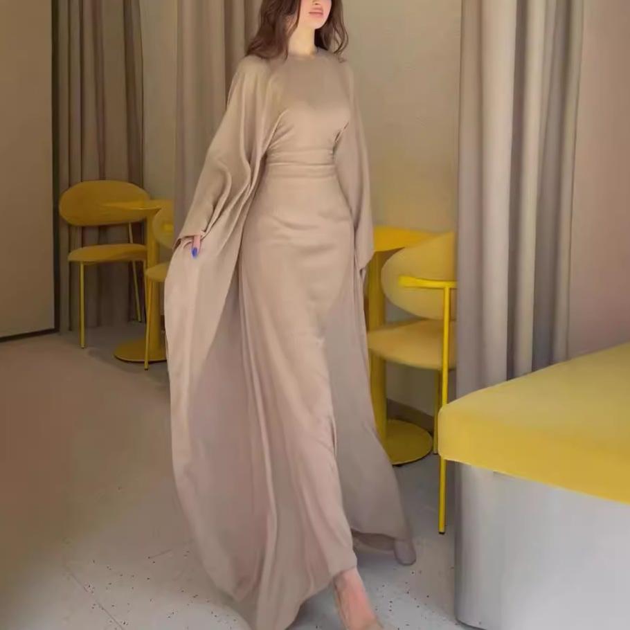 

European & American Sexy Women s Loose Long Sleeve Solid Color Flowy Dress with Round Neck Medium хакі