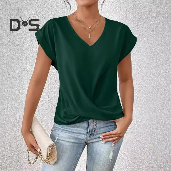 Dámské topy s výstřihem do V, s krátkým rukávem, s mačkaným designem, tričko jednobarevné, volného střihu, s křížovým plisováním, pro každodenní nošení