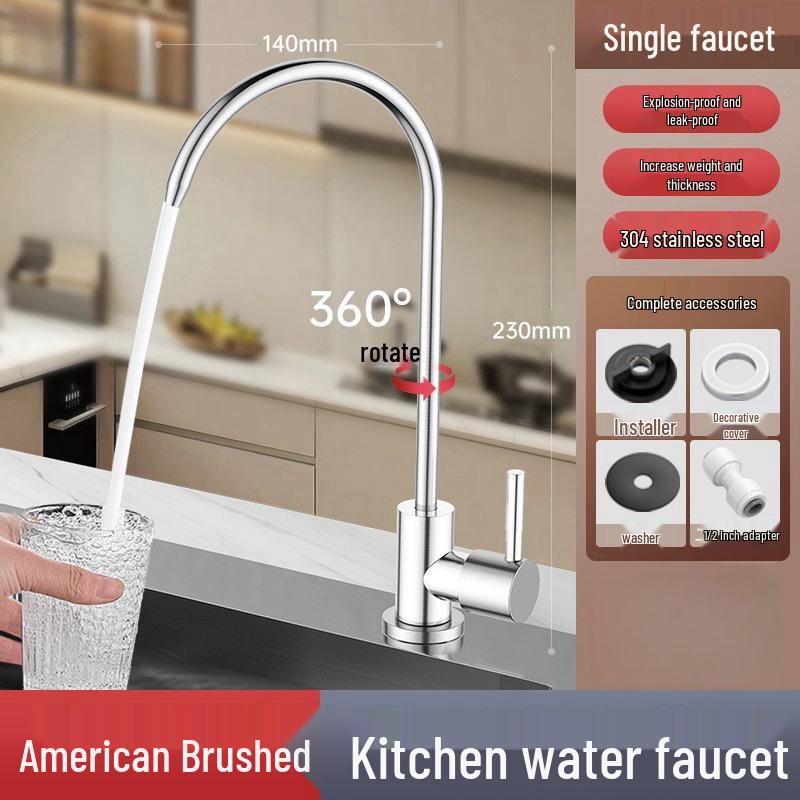 1/2 Inch Gooseneck Kitchen Faucet with Water Purifier - 304 Stainless Steel, Single Cold