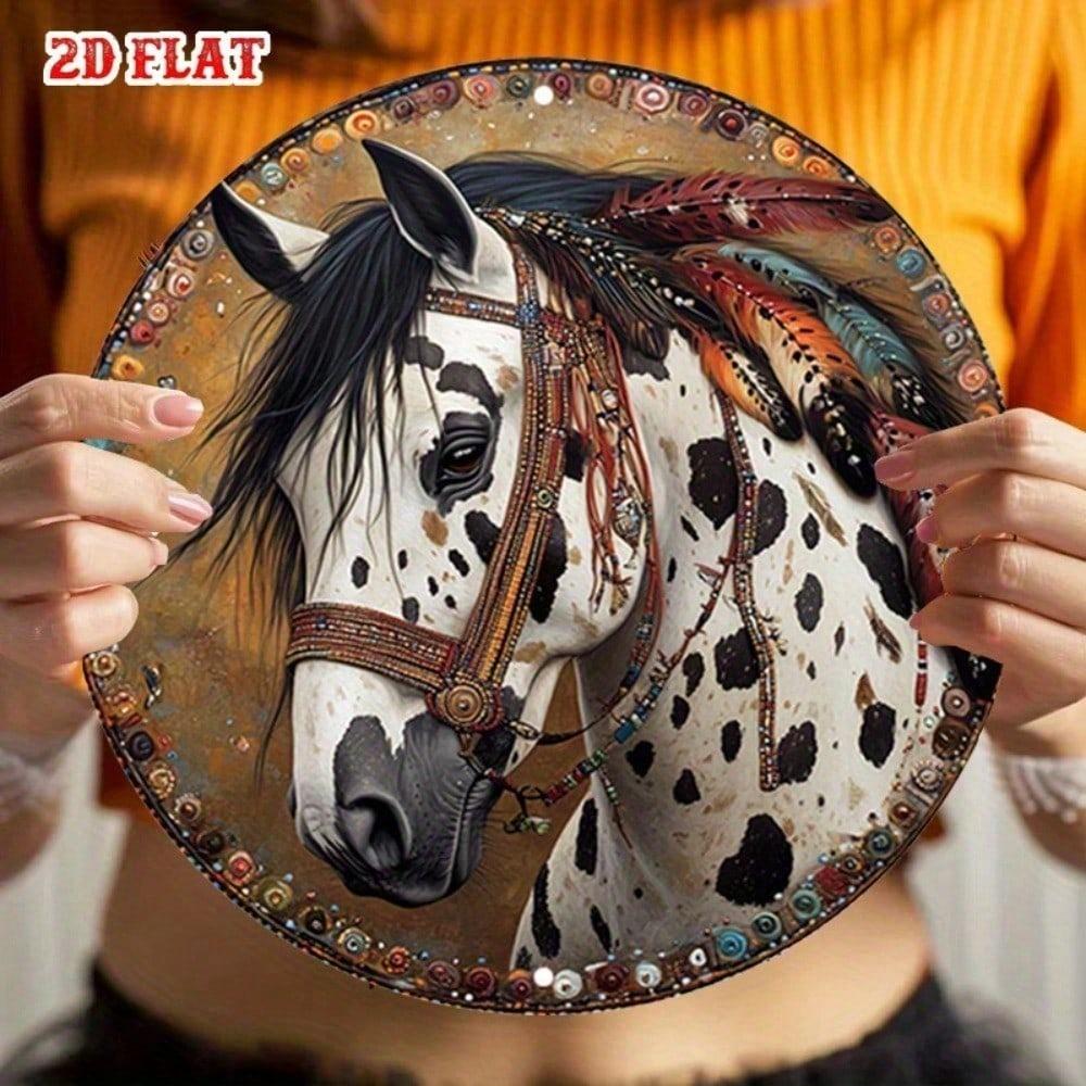 1pc Round Metal Wall Decor Beaded Appaloosa Horse Retro Western Tin Sign 7.8x7.8 Inch for Home Bar