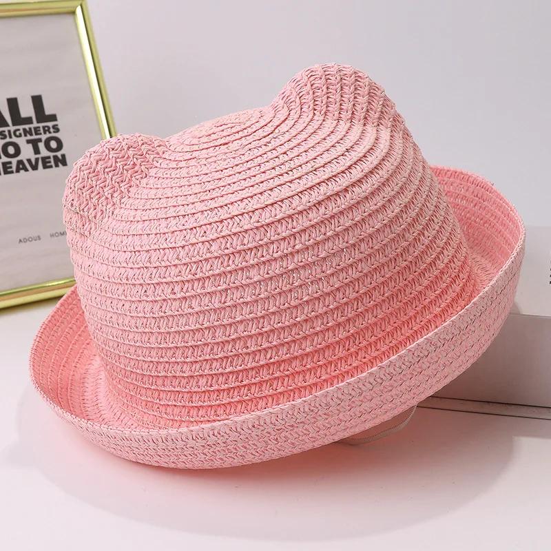 Summer Children Straw Hats For Boy Girl Cute Ears Kids Baby Panama Shades Beach Hat Unisex Breathable Dome Brim Rolled Sun Caps