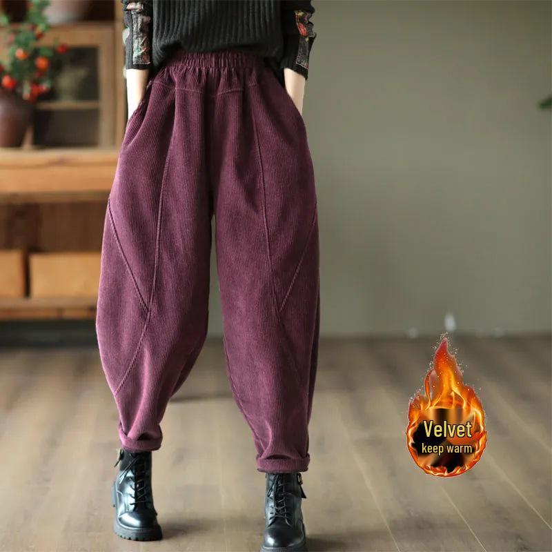Women's Patchwork Chenille Harem Pants - Autumn/Winter 2024, Thickened Velvet for Warmth, Versatile Casual Slim Fit.