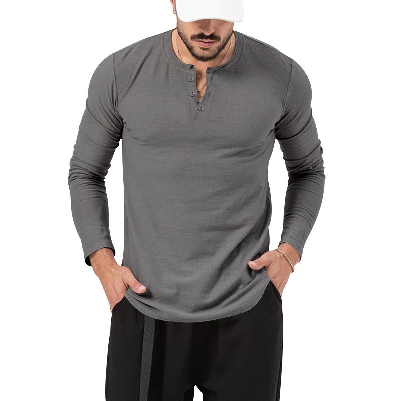 2026 European Men's Solid Color Round Neck Henley T-Shirt Long Sleeve Casual Sports Base Layer