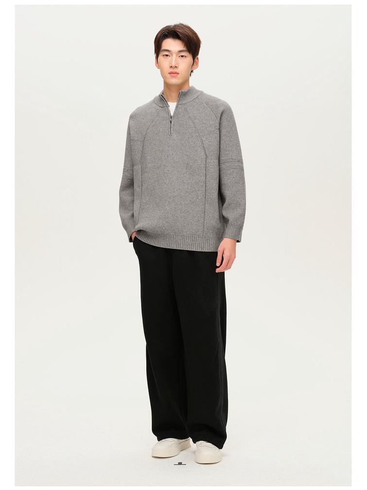 WOOG2005 Grey Half-Zip Stand-Up Collar Men's Knit Sweater - Winter 2025 Style