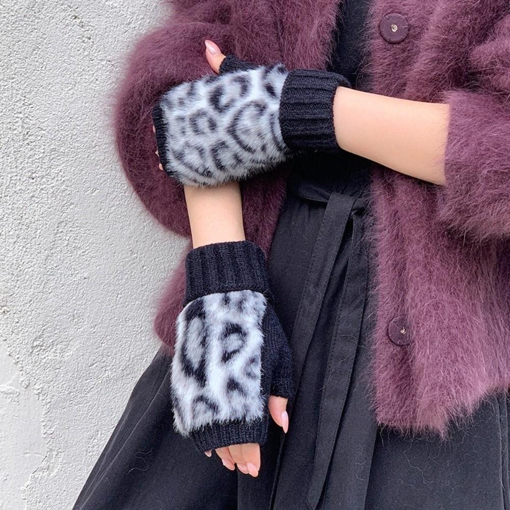 

Hands Free Leopard Print Gloves Thick Half Finger Gloves Fashion Fingerless Gloves For Women чорний білий колір