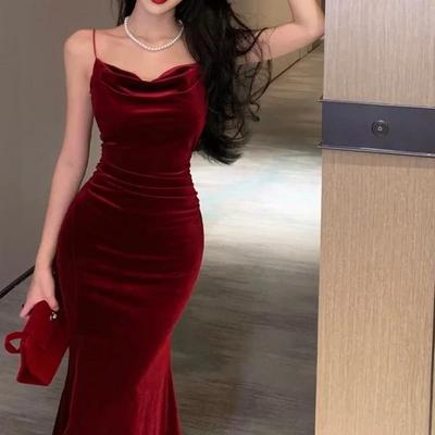 Vintage Sexy Club Prom Červené šaty pre ženy Špagetový popruh Rozparok Zamatové šaty Plážová bandáž Bodycon Midi Šaty Párty Elegantné