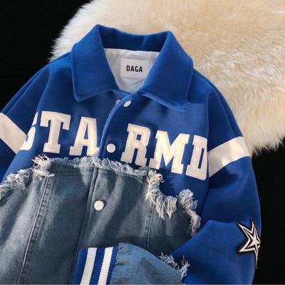 Unisex Woolen Patchwork Denim Jacket: Fashionable Spring & Autumn Embroidered Baseball Style for Couples.