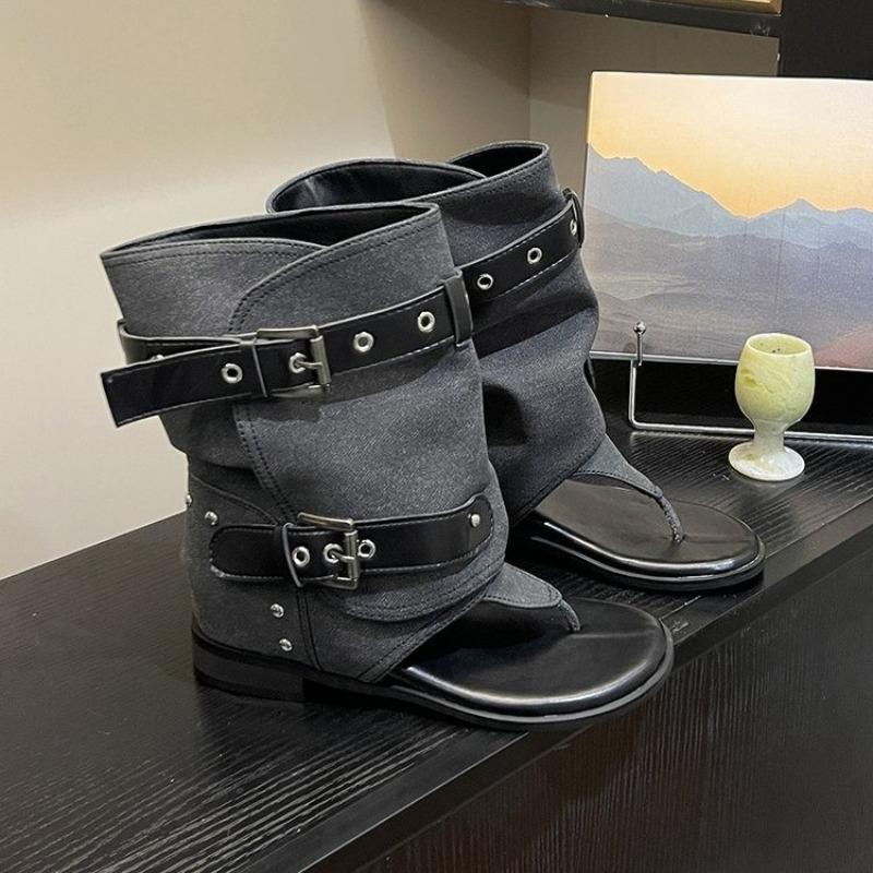 Fashion Toe Sandals Denim Metal Belt Buckle Inside Heightened Round Toe Flat Anti-Slip Trouser Leave Cold Boots