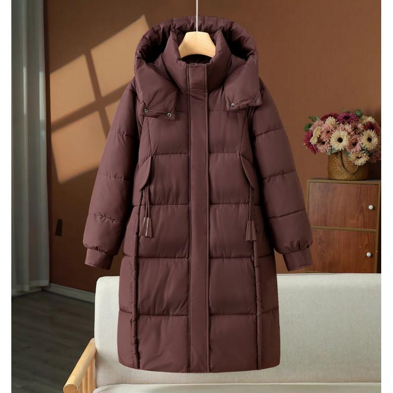 Womens Oversized Long Winter Coat With Hood Thick Cotton-Padded Outerwear Mid-Length Black Red Purple Coffee