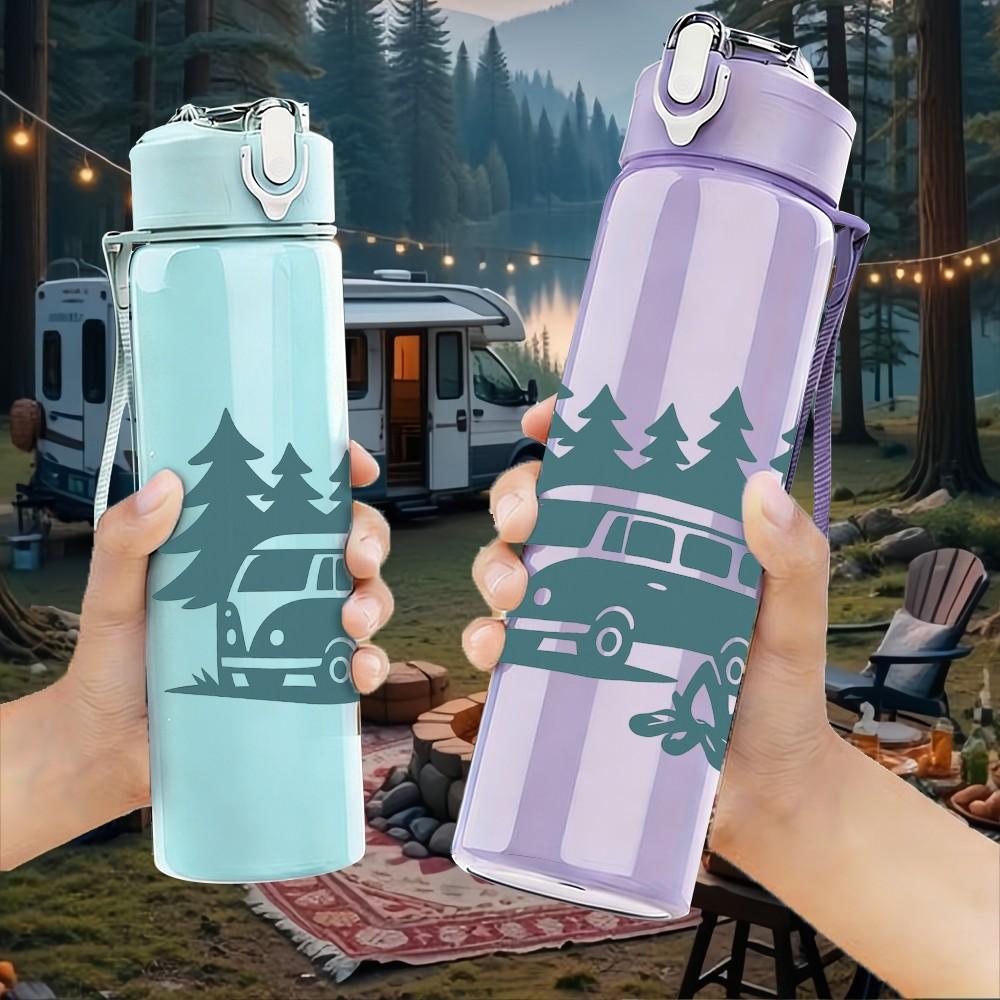 1PC Camper Van Pine Forest Scene Print 750ml Color Plastic Sports Water Bottle Leakproof Flip Straw Lid Suitable for Sports Office Home Use