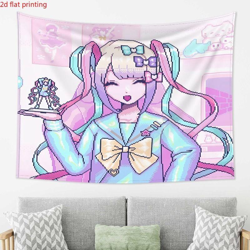 Pixel Style Double Horsetail Anchor Girl anime Tapestry Background Millennium Y2K Sweet Cool Girl Room Decoration