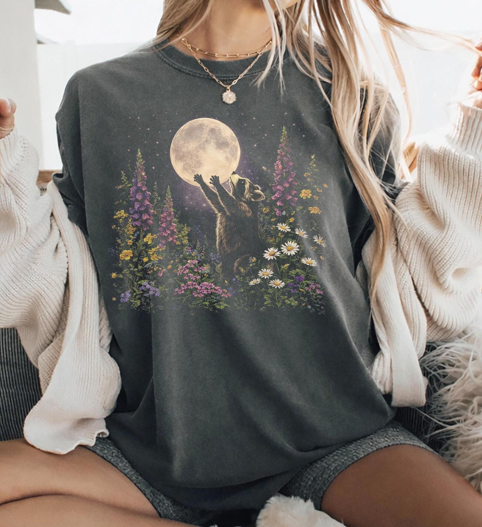 90s Raccoon Moon Comfort Colors® Shirt, Retro Cottagecore Wildflower T-Shirt, Vintage Forest Animal Shirt S