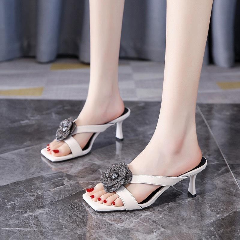 Fashion 2025 summer Camellia slippers high heels outdoor slides shoes for woman leather band flower flip flops white sandalias mujer
