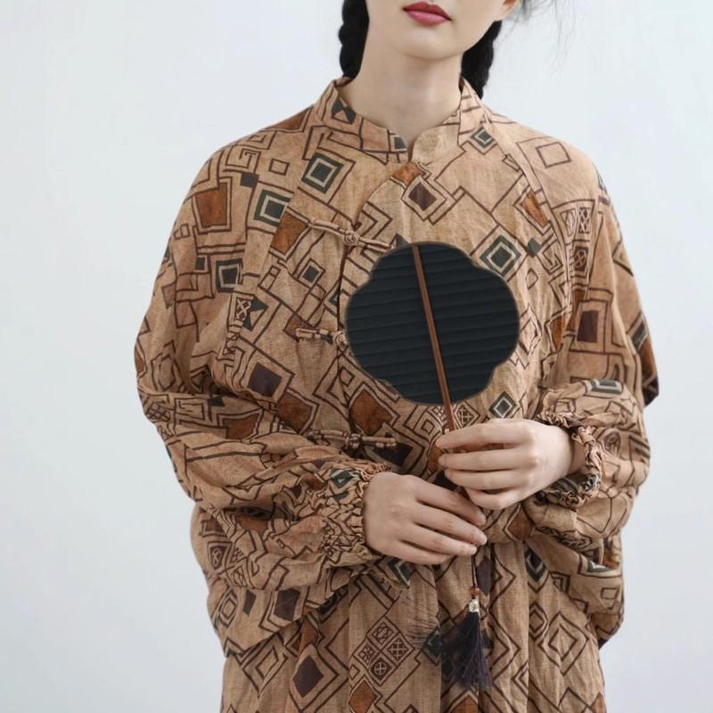 Johnature Women Vintage Shirts Plaid Stand Bat Sleeve Blouses Spring Button Chinese Style Loose Button Shirts