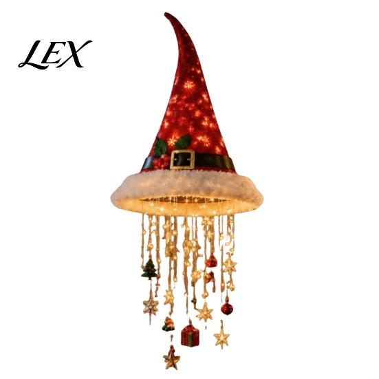Candy Cane Striped Garland Lights Lighted Santa Hat Hanging Chandelier, Warm LED Christmas String, Sequined Cone Pendant Decor with String for