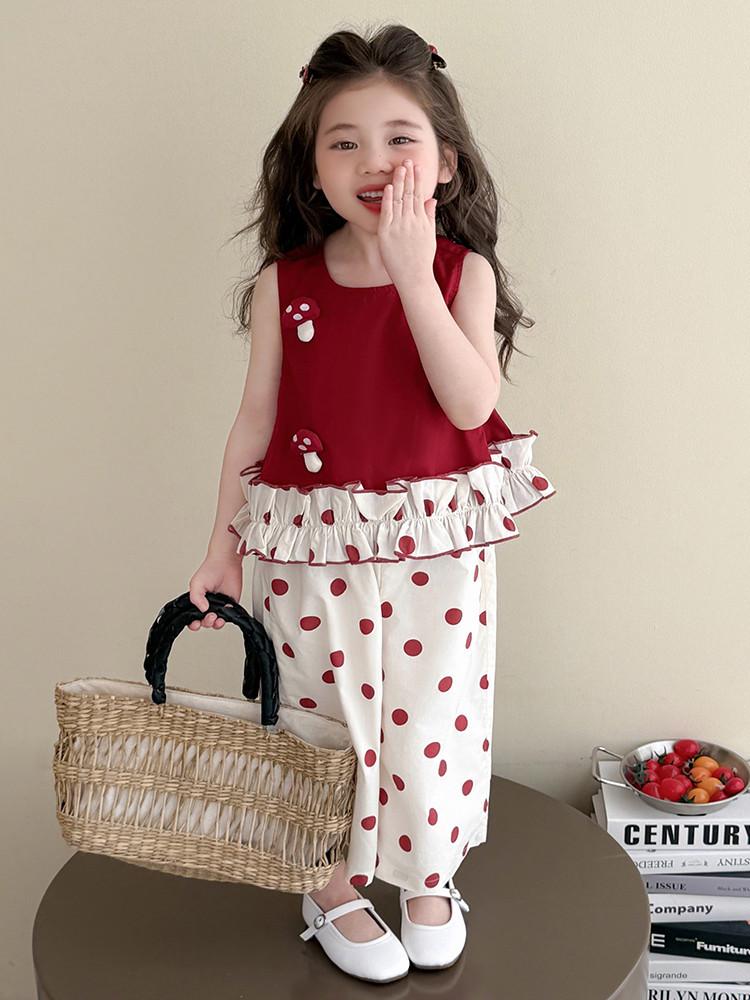 Girls' Summer 3D Mushroom Sleeveless Vest & Polka Dot Wide-Leg Pants Set
