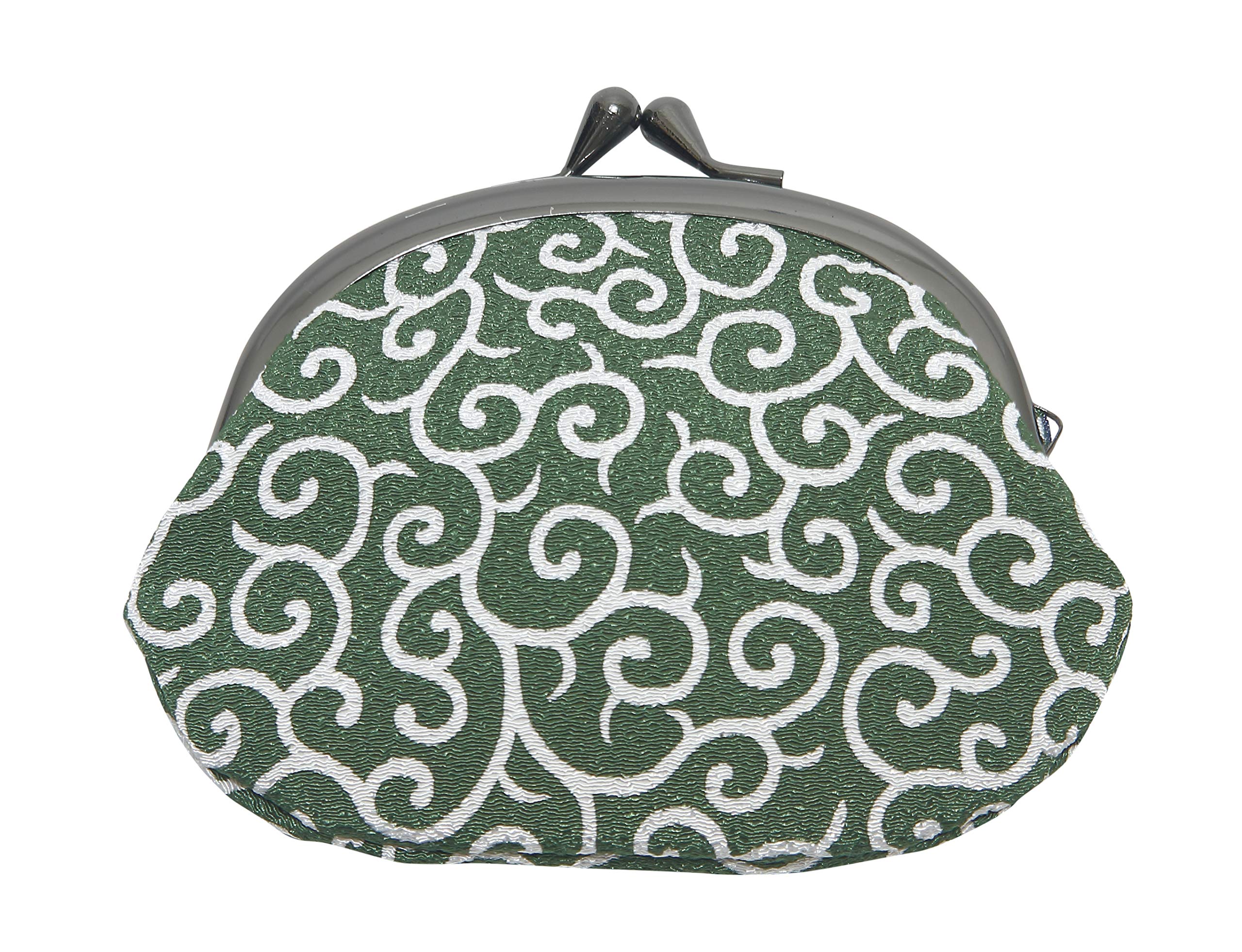

Hasegawa Japanese Chirimen Round Coin Purse Wallet with Arabesque Made in Green Pattern, Japan,