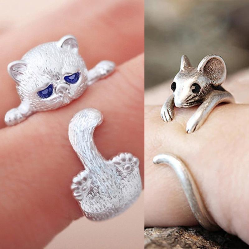 Cute Cat and Mouse Shape Open Ring for Women Antique Silver Color Modern Fashion Girls Finger Accessories Hip Hop Party Jewelry