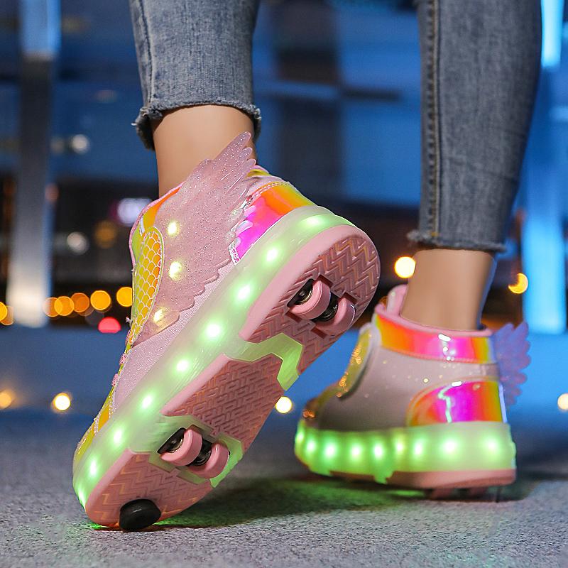 Kid's Four-wheel Detachable Flat Shoes Rechargeable LED Luminous Sports Shoes with Wings Children's Skates with Brakes Roller Skates sneakers