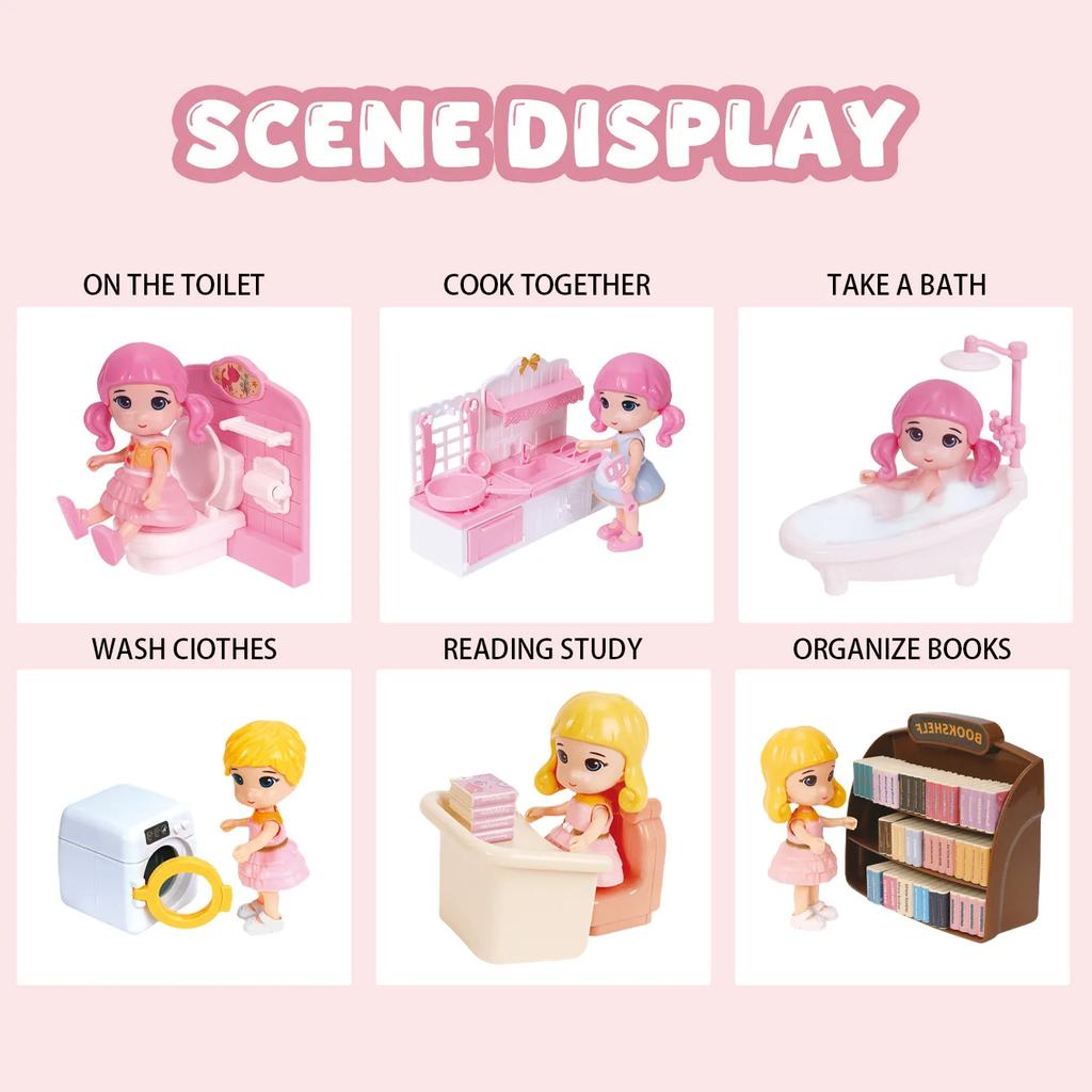 Miniatures House Kit Girls Toys Doll House Mini Room Simulated Bedroom Bathroom Kitchen Study Furniture Play House Toys for Kids
