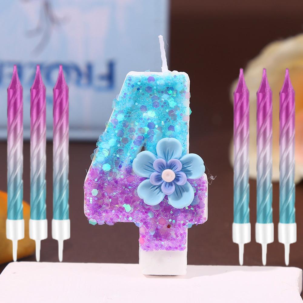 7pcs Blue Purple Flower Birthday Number Candles,Flower Theme Party Decorations, Cupcake Decorations,Suitable for Party Celebrati