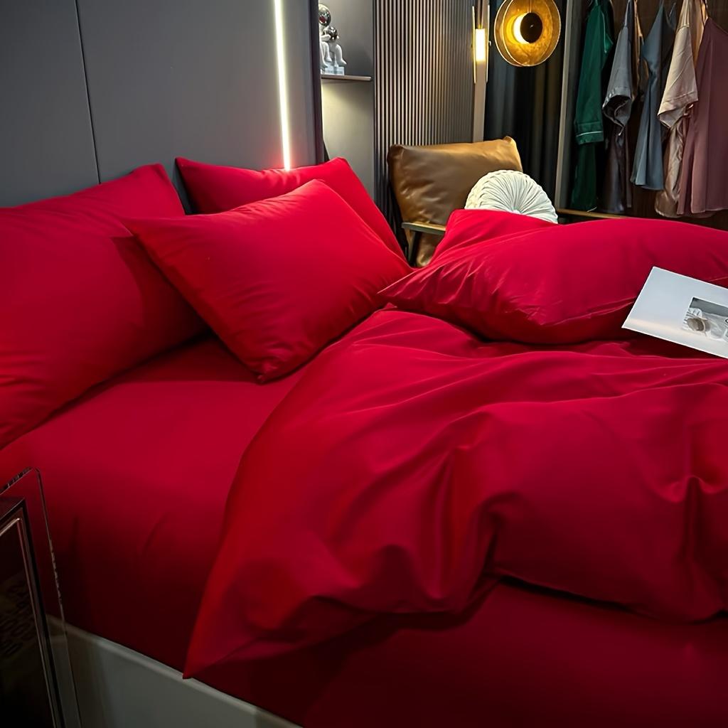 Set de pat de nuntă mare roșu din patru piese, bumbac spălat, simplu, culoare solidă, husă de pilotă