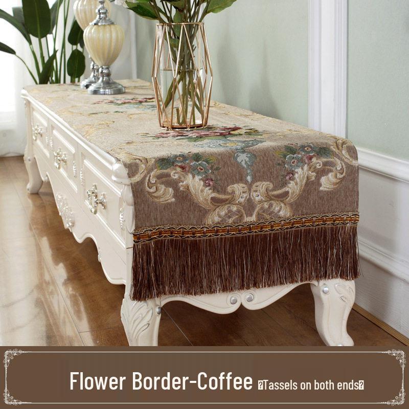 

European Chenille TV Cabinet & Coffee Table Dust Cover/Table Runner 50x160 cm with tassels кавовий