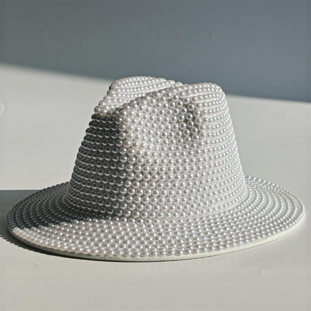 Blue/Beige Pearl Fedora Hat Bling Fedora Jazz Hats For Men And Women Handmade Advanced Fashion Outdoor Party Stage Hat