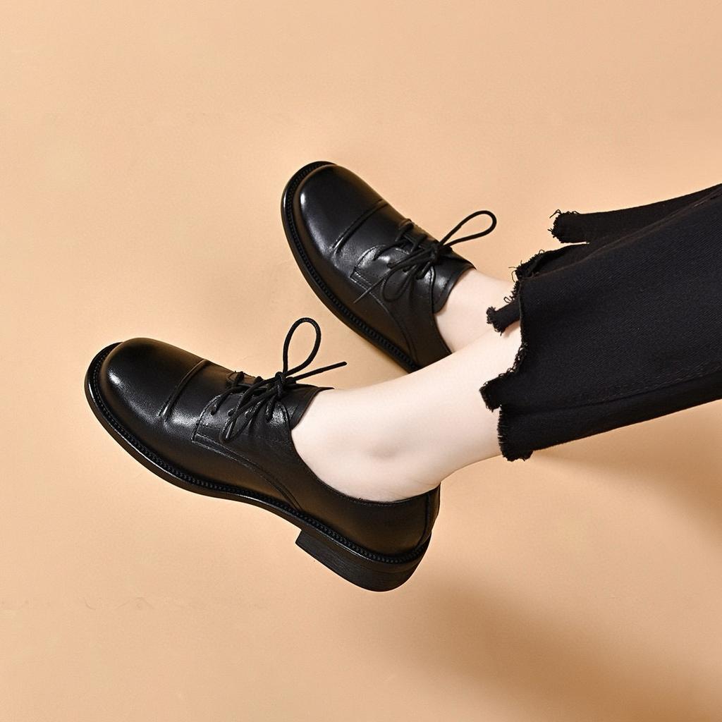 Small leather shoes women's new lace-up flat shoes first layer cowhide college style women's style