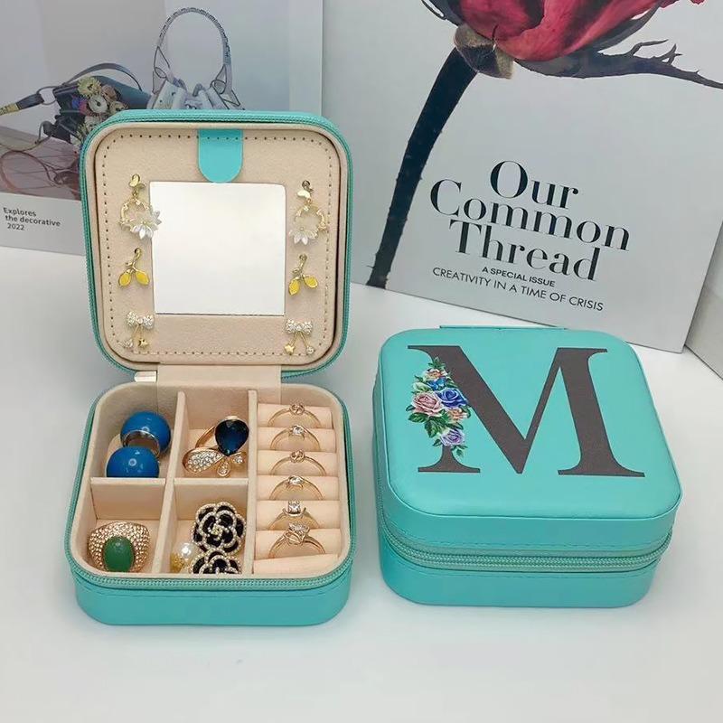 PU Leather Jewelry Box Mirror Storage Box 26 Letter Printed Portable Jewelry Organizer Earring Ring Necklace Case