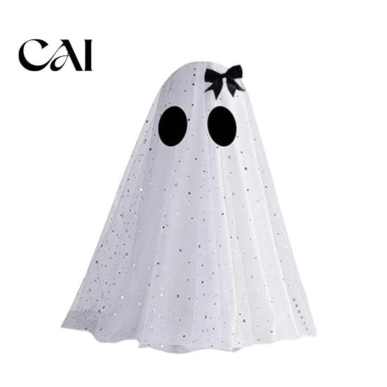 Halloween Party Table Centerpieces Ghost Decor, Spooky Sequin Mesh Fabric with Witch Hat/Bow, Soft Atmosphere Ornaments Small Standing Tabletop