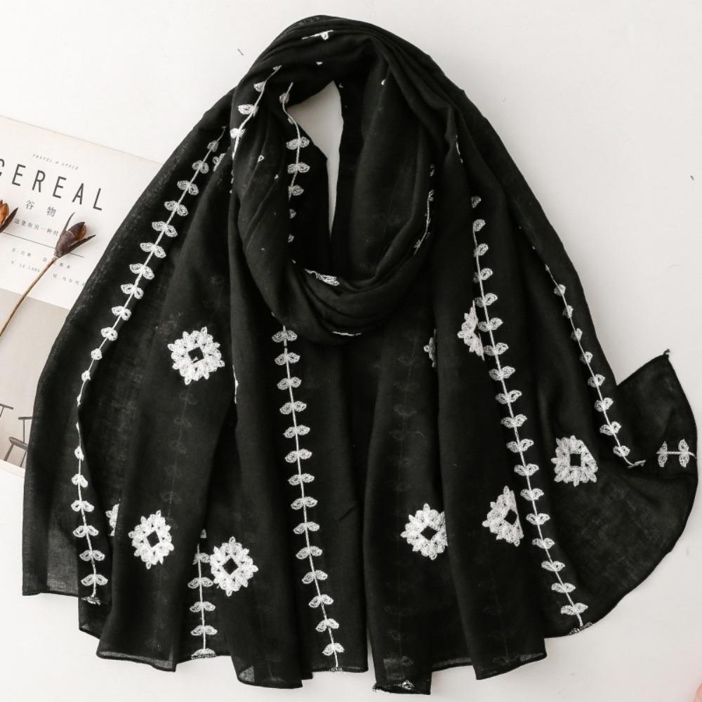 Long Printed Silk Scarf Bohemian Ethnic Style Wrap Retro Floral Hijab  Female чёрный