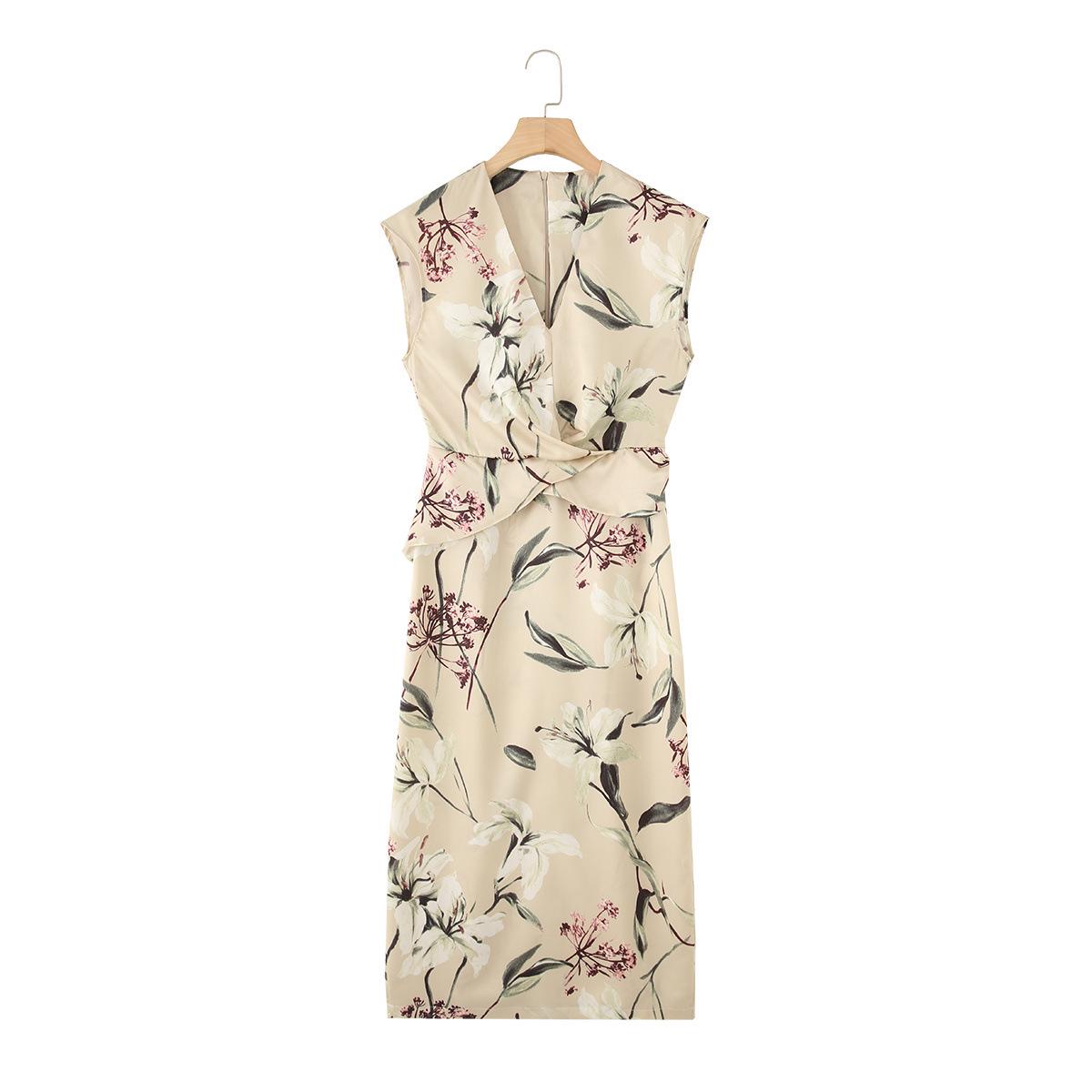 

Платье из цветочного шелкового сатина с V-образным вырезом - Женский приталенный силуэт Весна/Лето 2025 Extra Small грязно-белый