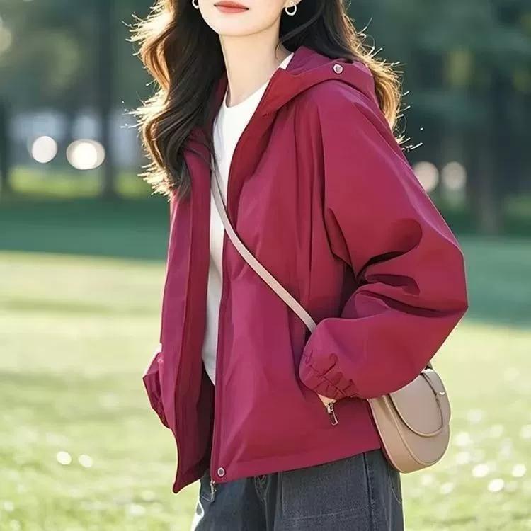 

Spring High-end Niche Non-collision Jacket Korean Version of The Unique Super Beautiful Short Hooded Jacket Ladies S красный