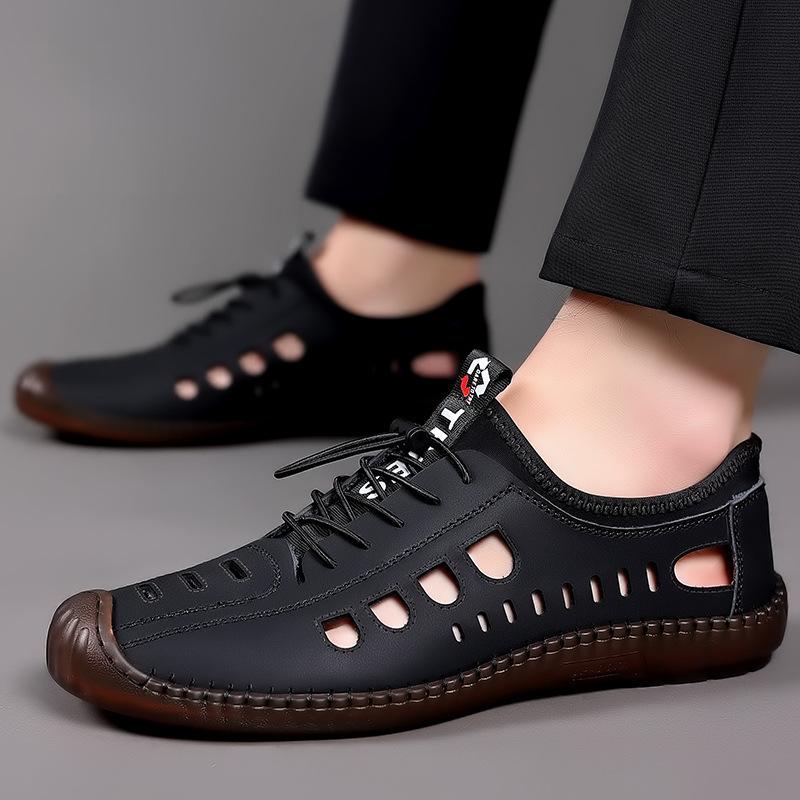 Men's summer hollow sandals hand-stitched soft sole soft surface breathable casual hole shoes driving shoes