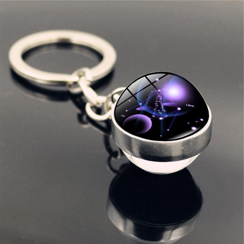 Zodyak Anahtarlık Doğum Günü Hediyesi 12 Takımyıldızları Çift Taraflı Cam Topu Anahtarlık Halka Tutucu