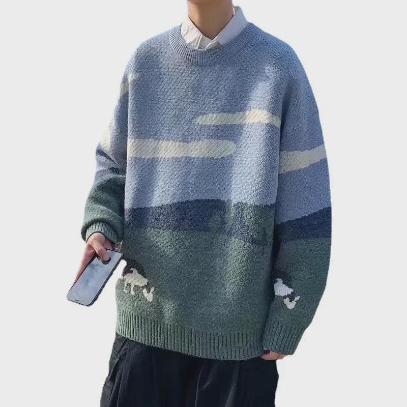 Herren Strickpullover im japanischen Stil mit Kuhmuster - Trendiger Rundhals-Pullover