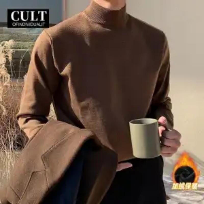 Half-turtleneck Sweater Men in Autumn Winter Plus Velvet Warmth Mid-collar Knitted Bottoming T-shirt