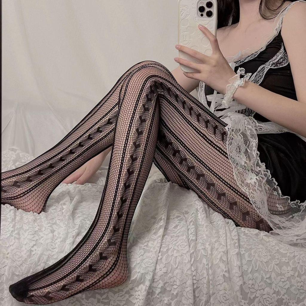Seductive Black Fishnet Stockings with Bow and Letter Details - Plus Size European and American Styles