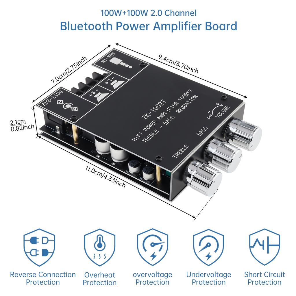 Bluetooths Amplifier Board 100Wx2 TPA3116D2 Car Audio Home Theater DIY Speakers Stereo Receiver 12V-24V Power Module