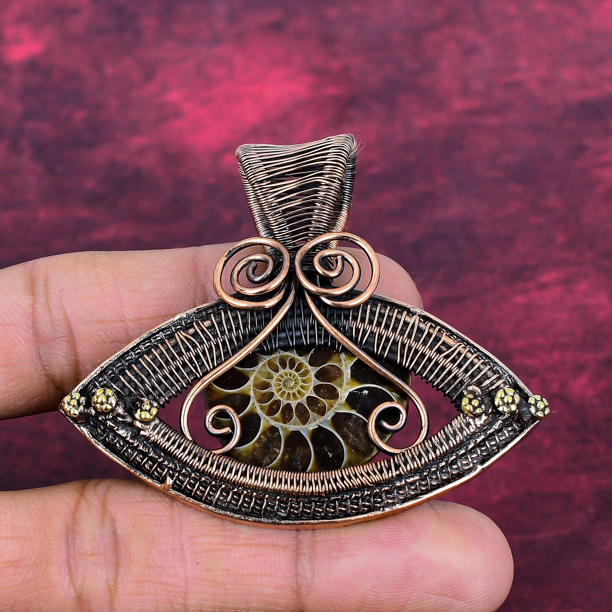 Ammonite Fossil Pendant Copper Wire Wrapped Jewelry Gemstone Handmade Pendant