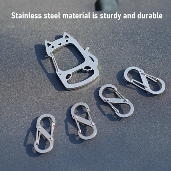 Stainless Steel Lucky Cat Keychain with Detachable S-shape Hooks Heavy Duty Outdoor Camping Portable Car Key Holder Metal Hanging Buckle Carabiner
