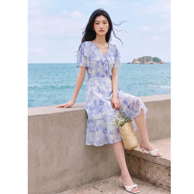 Women s Elegant V-neck A-line Casual Midi Dress S